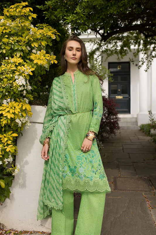 Model wearing light green printed Design 7B from Sobia Nazir SN Basics '25, Pakistani Luxury pret, Pakistani clothes online in UK.