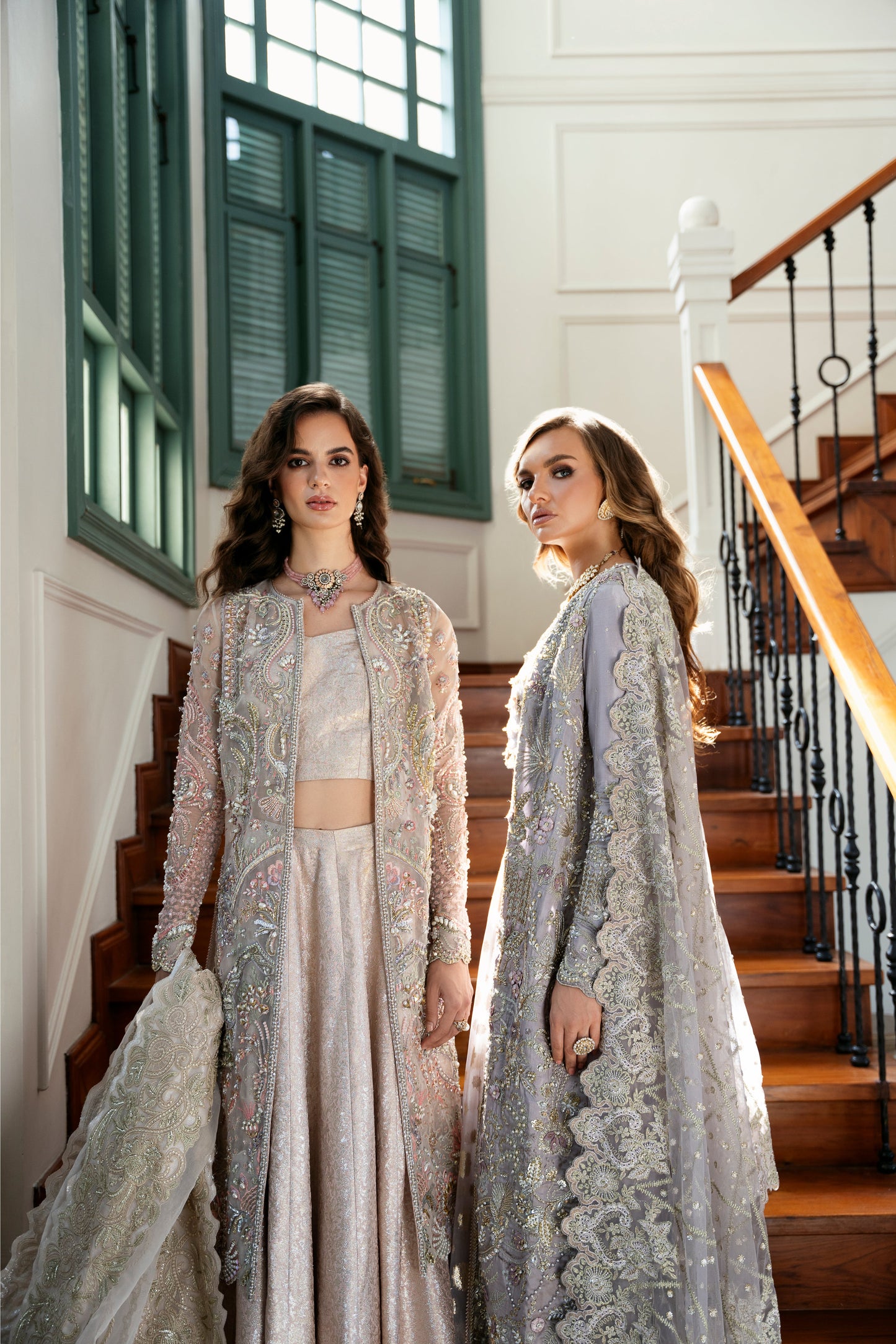 Model wearing Lotus from Mysie by Tahira, a luxurious grey embellished lehenga choli perfect for Pakistani luxury pret in the UK.