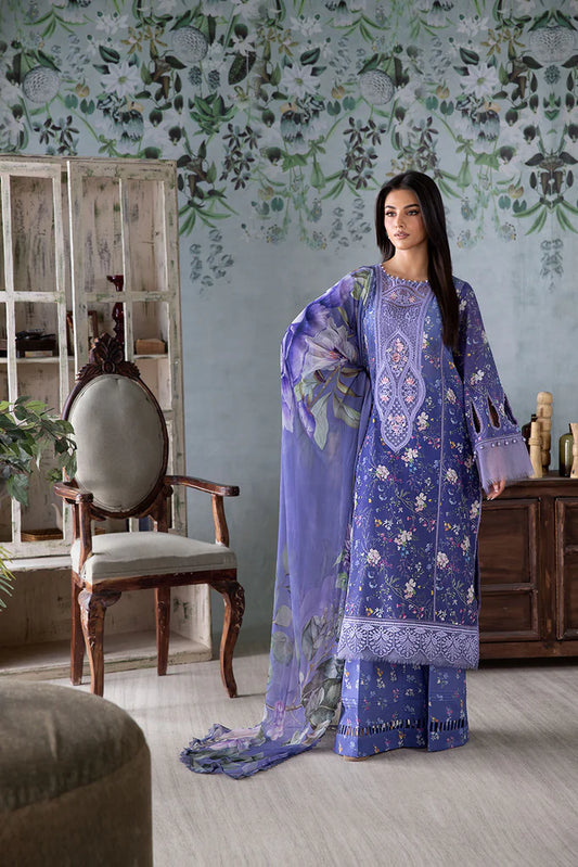 Model wearing lavender blue Design 8A outfit from Sobia Nazir Vital '25 Vol. 2, Pakistani luxury pret and Pakistani clothes online in UK.