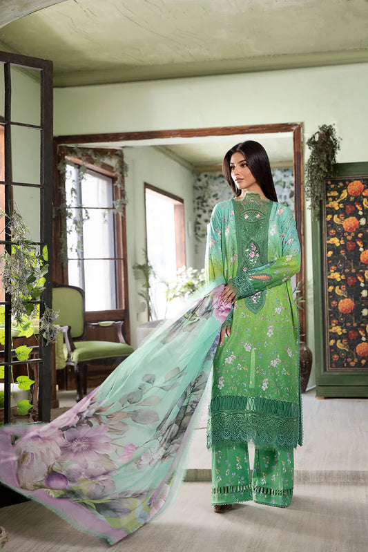Model wearing bright green floral Design 8B from Sobia Nazir Vital '25 Vol. 2, Pakistani luxury pret and Pakistani clothes online in UK.