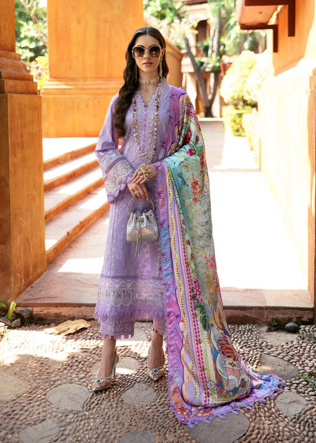 Model showcases Kanwal Malik's Capri dress, a Lilac Pakistani luxury lawn piece, ideal for UK style.