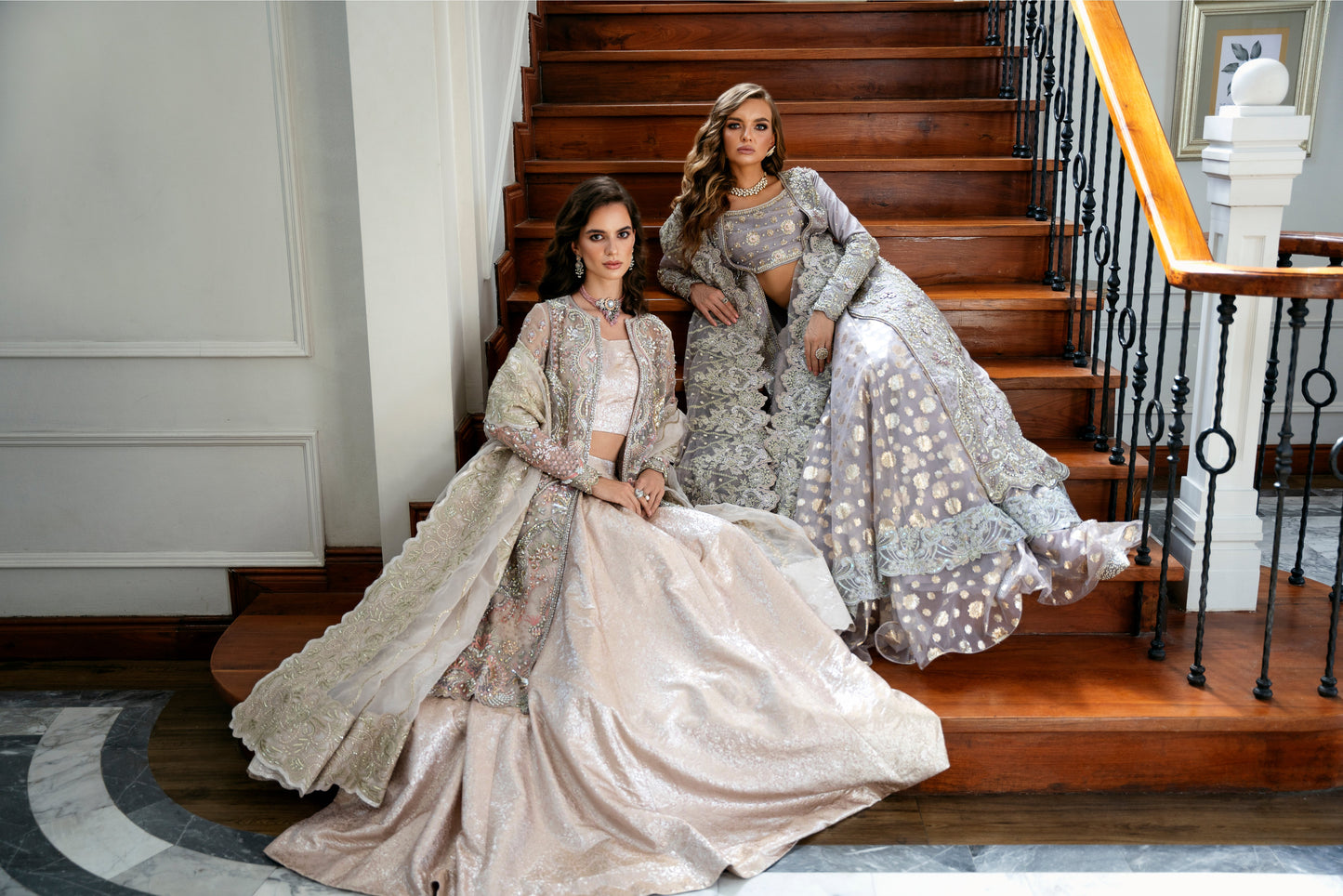Model wearing Lotus from Mysie by Tahira, a luxurious grey embellished lehenga choli perfect for Pakistani luxury pret in the UK.