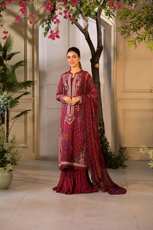 Model wearing Sobia Nazir Vital 2025 Design 9B in deep maroon with embroidered details and printed dupatta. Shop Pakistani luxury pret and Pakistani clothes online in UK.