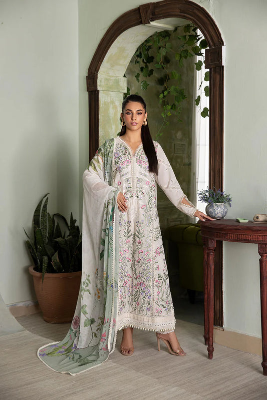 Model wearing white Design 9A from Sobia Nazir Vital '25 Vol. 2, Mushq Pakistani luxury pret and Pakistani clothes online in UK.