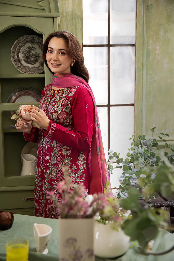 Model wearing deep red embroidered Design 9B outfit from Sobia Nazir Vital '25 Vol. 2, Pakistani luxury pret clothes online in UK.