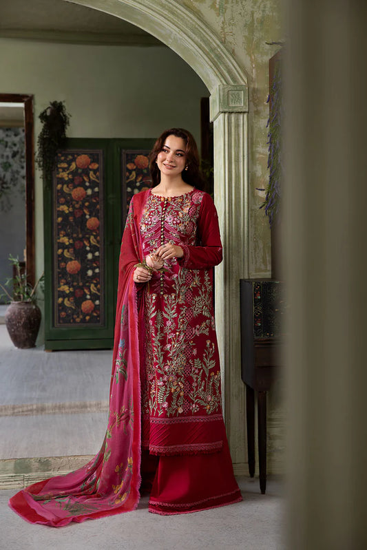 Model wearing deep red embroidered Design 9B outfit from Sobia Nazir Vital '25 Vol. 2, Pakistani luxury pret clothes online in UK.