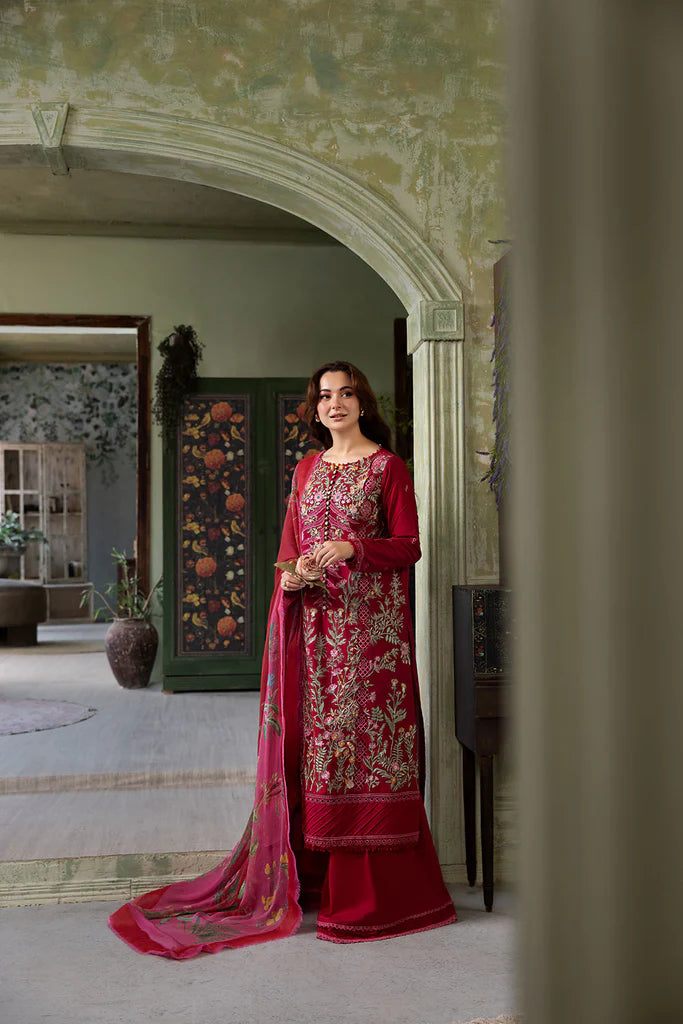 Model wearing deep red embroidered Design 9B outfit from Sobia Nazir Vital '25 Vol. 2, Pakistani luxury pret clothes online in UK.