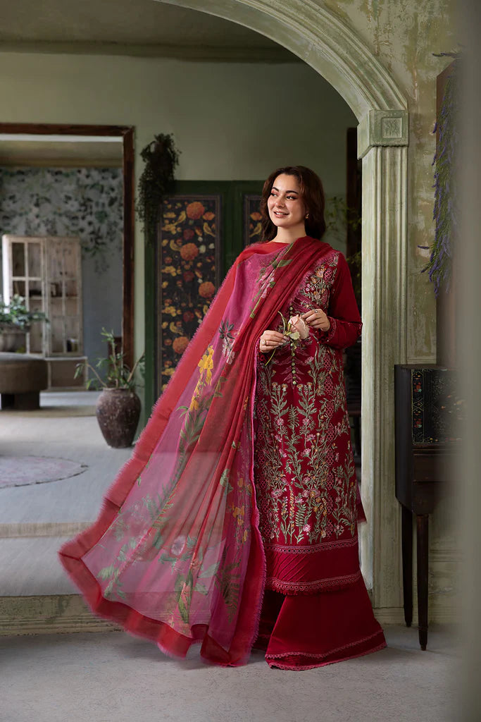 Model wearing deep red embroidered Design 9B outfit from Sobia Nazir Vital '25 Vol. 2, Pakistani luxury pret clothes online in UK.
