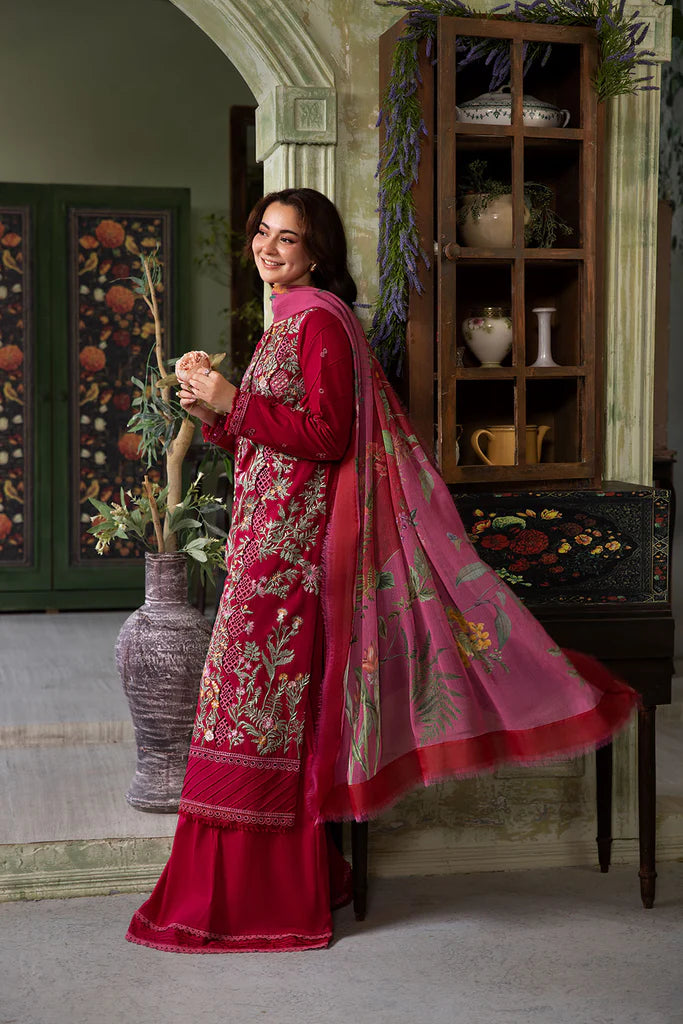 Model wearing deep red embroidered Design 9B outfit from Sobia Nazir Vital '25 Vol. 2, Pakistani luxury pret clothes online in UK.