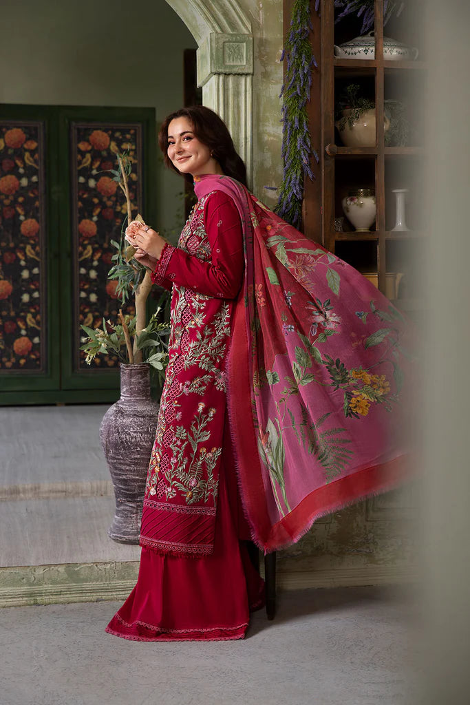 Model wearing deep red embroidered Design 9B outfit from Sobia Nazir Vital '25 Vol. 2, Pakistani luxury pret clothes online in UK.