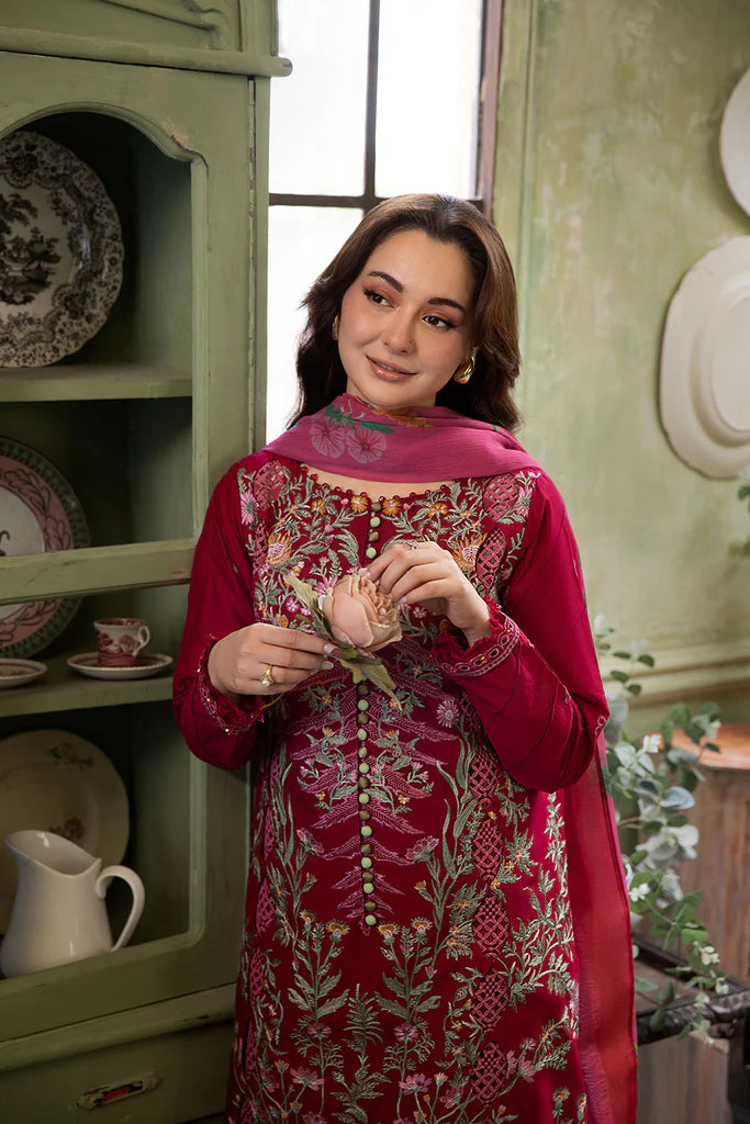 Model wearing deep red embroidered Design 9B outfit from Sobia Nazir Vital '25 Vol. 2, Pakistani luxury pret clothes online in UK.