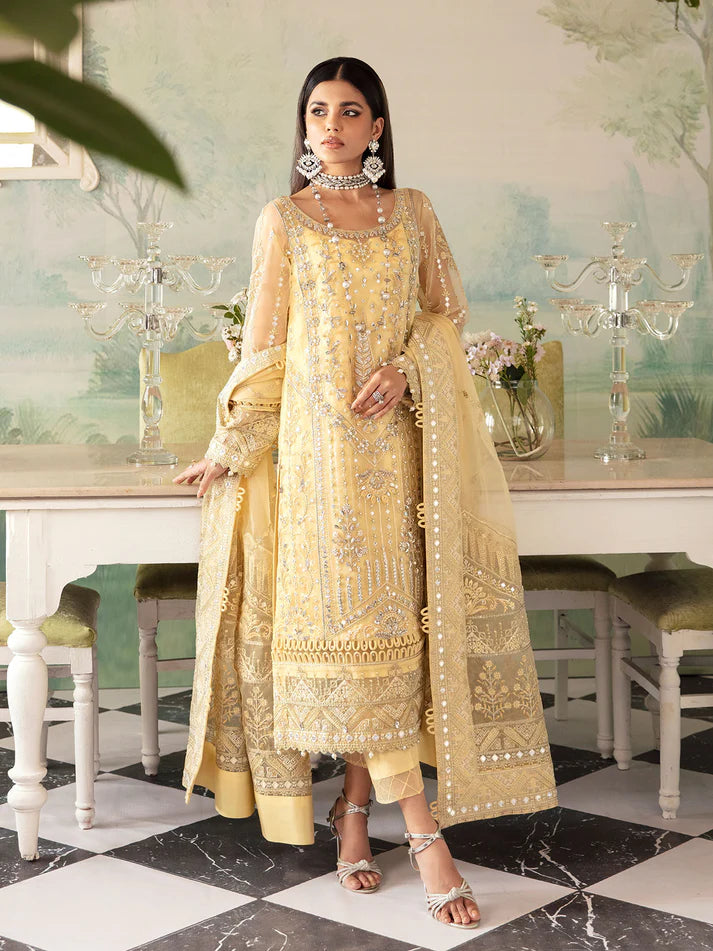 Model wearing lemon yellow Aniya GL-LP-V2-10 from Gulaal, elegant Pakistani luxury pret—shop Gulaal Pakistani clothes online in UK.