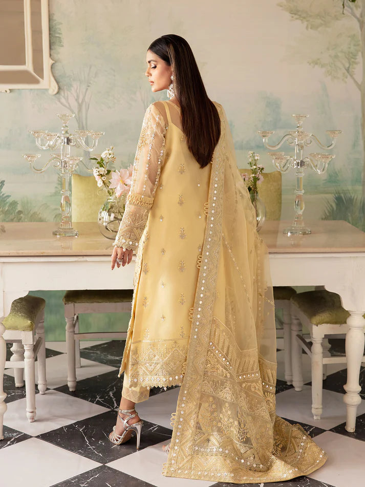 Model wearing lemon yellow Aniya GL-LP-V2-10 from Gulaal, elegant Pakistani luxury pret—shop Gulaal Pakistani clothes online in UK.