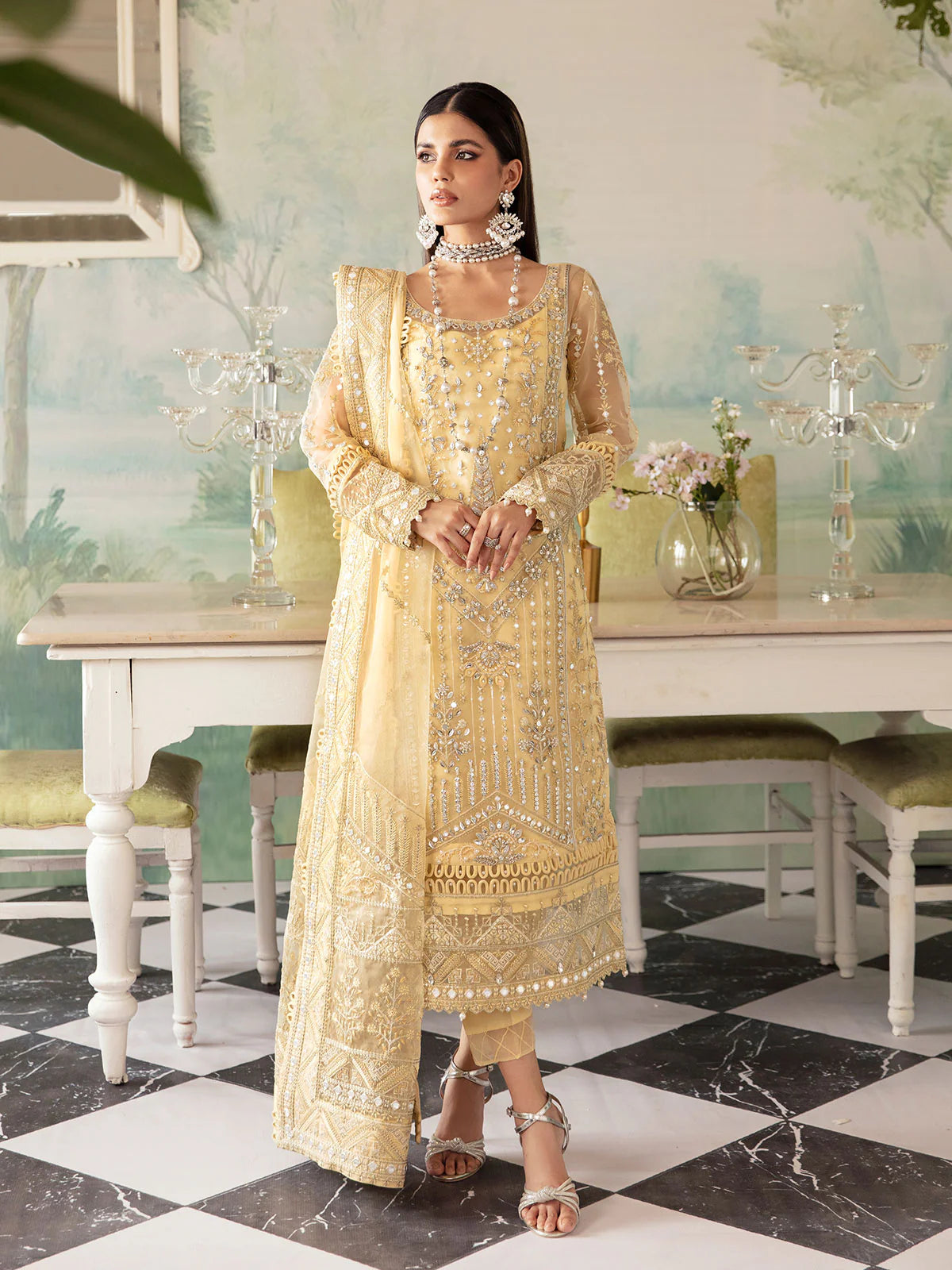 Model wearing lemon yellow Aniya GL-LP-V2-10 from Gulaal, elegant Pakistani luxury pret—shop Gulaal Pakistani clothes online in UK.
