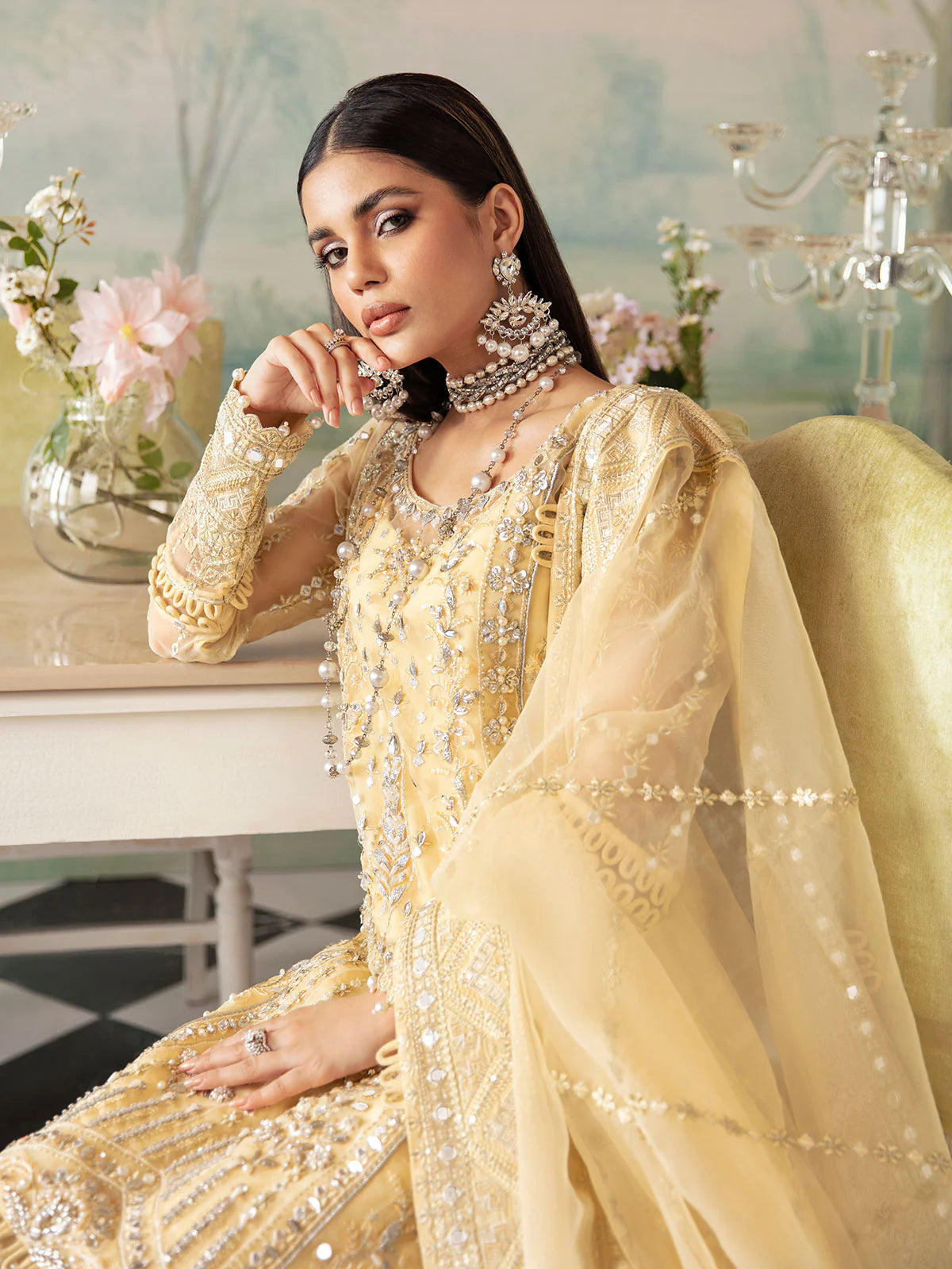 Model wearing lemon yellow Aniya GL-LP-V2-10 from Gulaal, elegant Pakistani luxury pret—shop Gulaal Pakistani clothes online in UK.