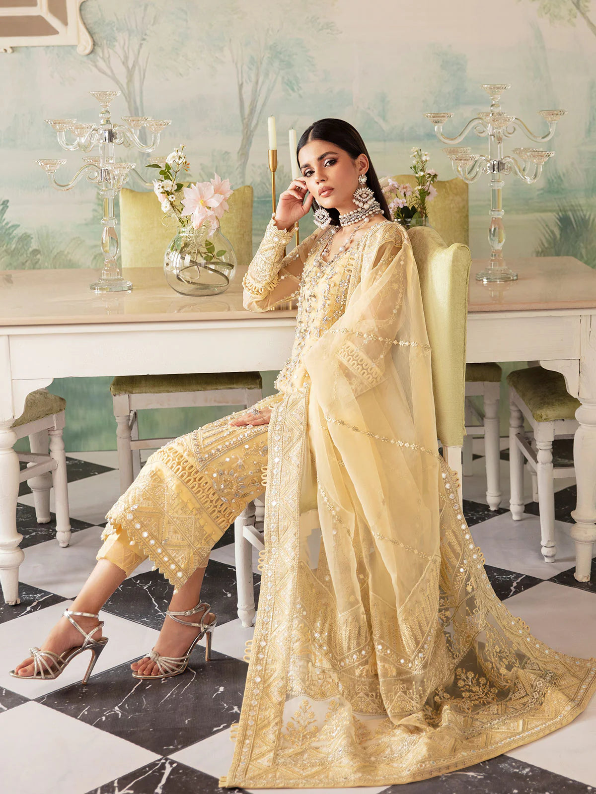 Model wearing lemon yellow Aniya GL-LP-V2-10 from Gulaal, elegant Pakistani luxury pret—shop Gulaal Pakistani clothes online in UK.
