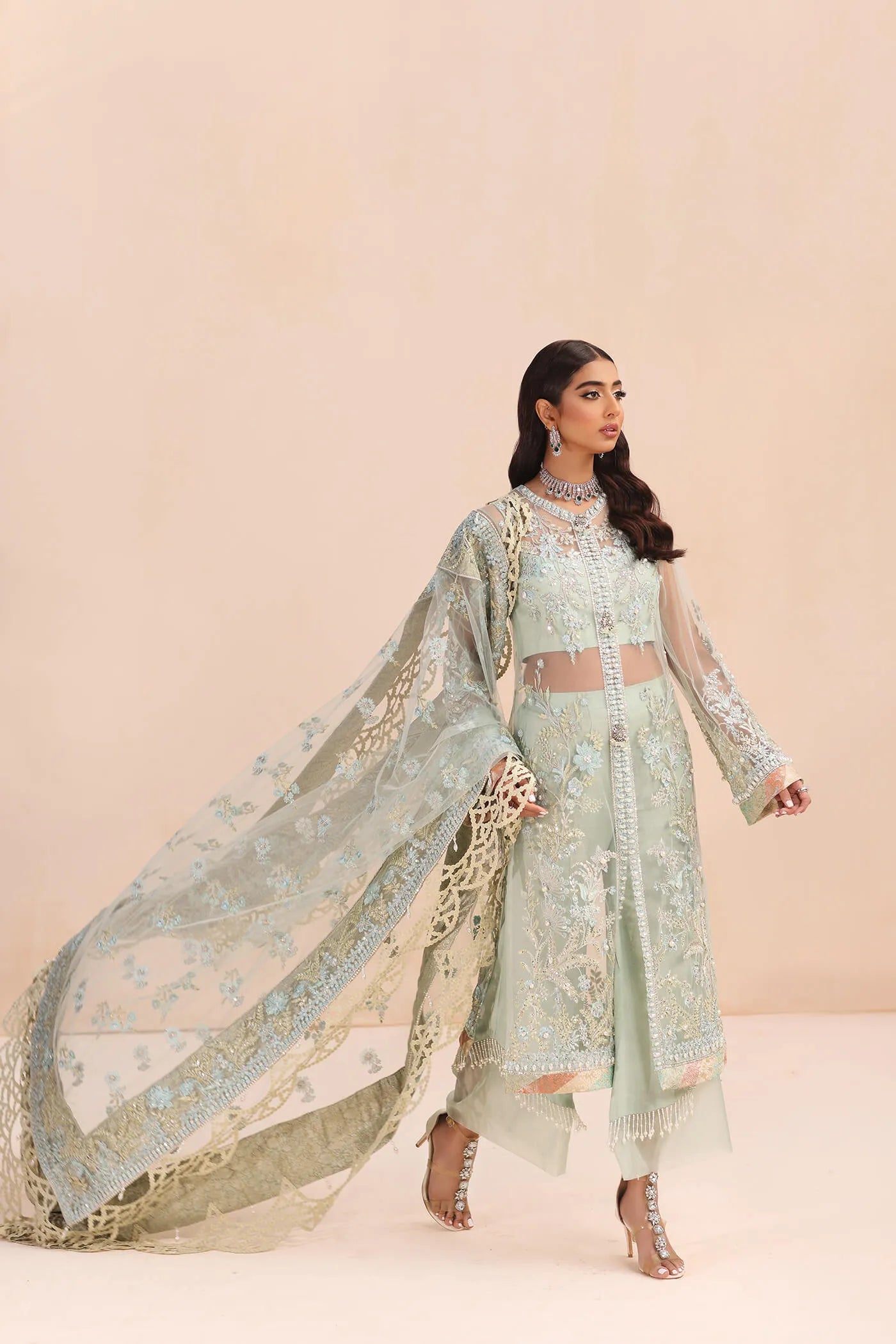 Model in Musferah Saad Aqua Treasure ice blue Pakistani wedding dress, UK.