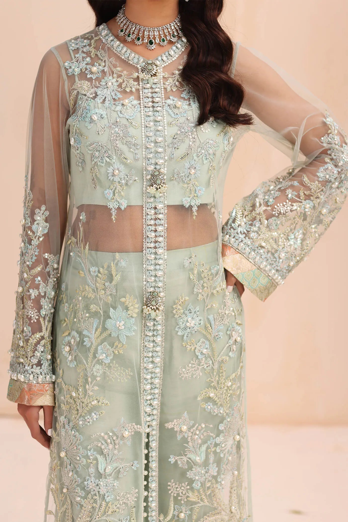 Model in Musferah Saad Aqua Treasure ice blue Pakistani wedding dress, UK.