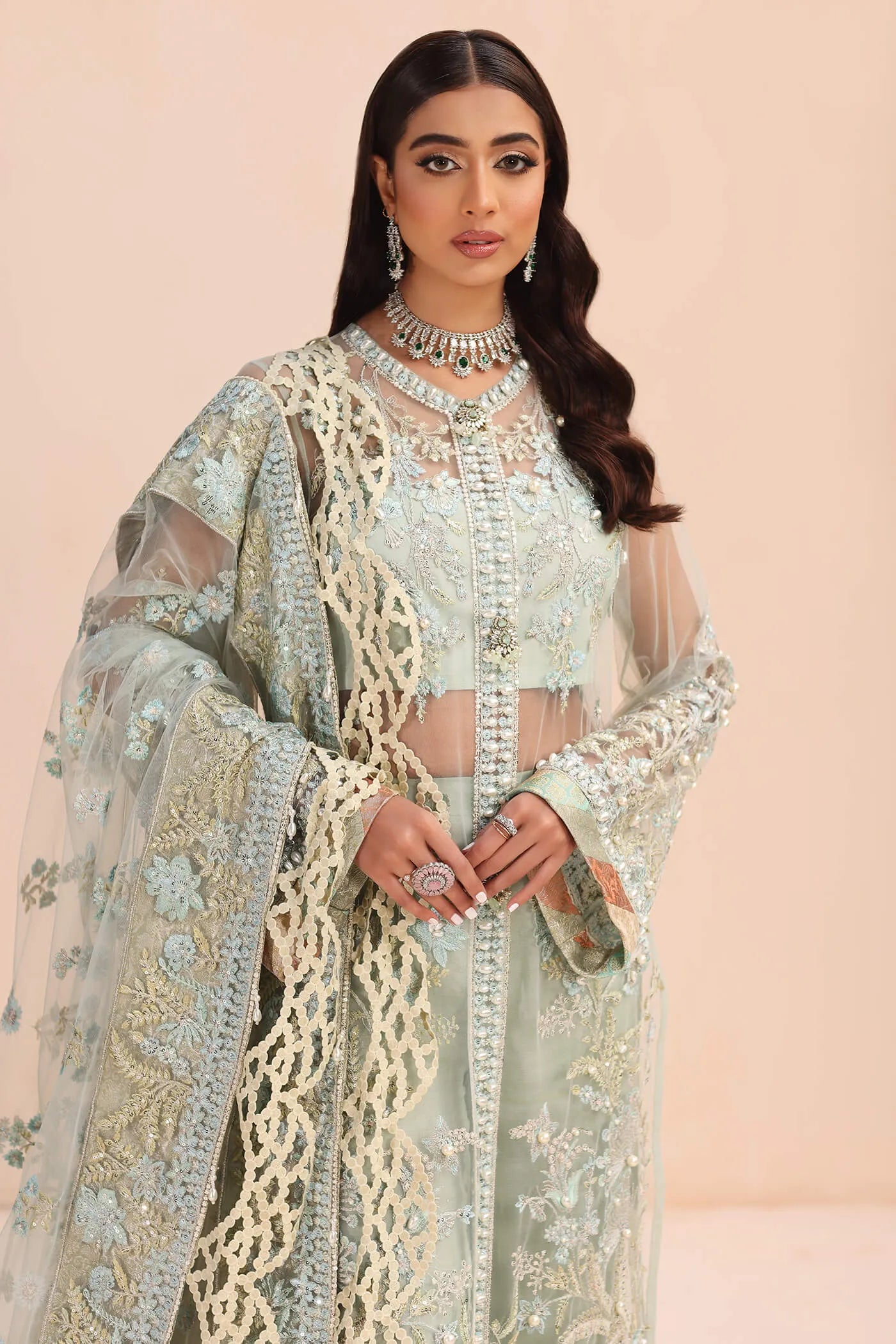 Model in Musferah Saad Aqua Treasure ice blue Pakistani wedding dress, UK.