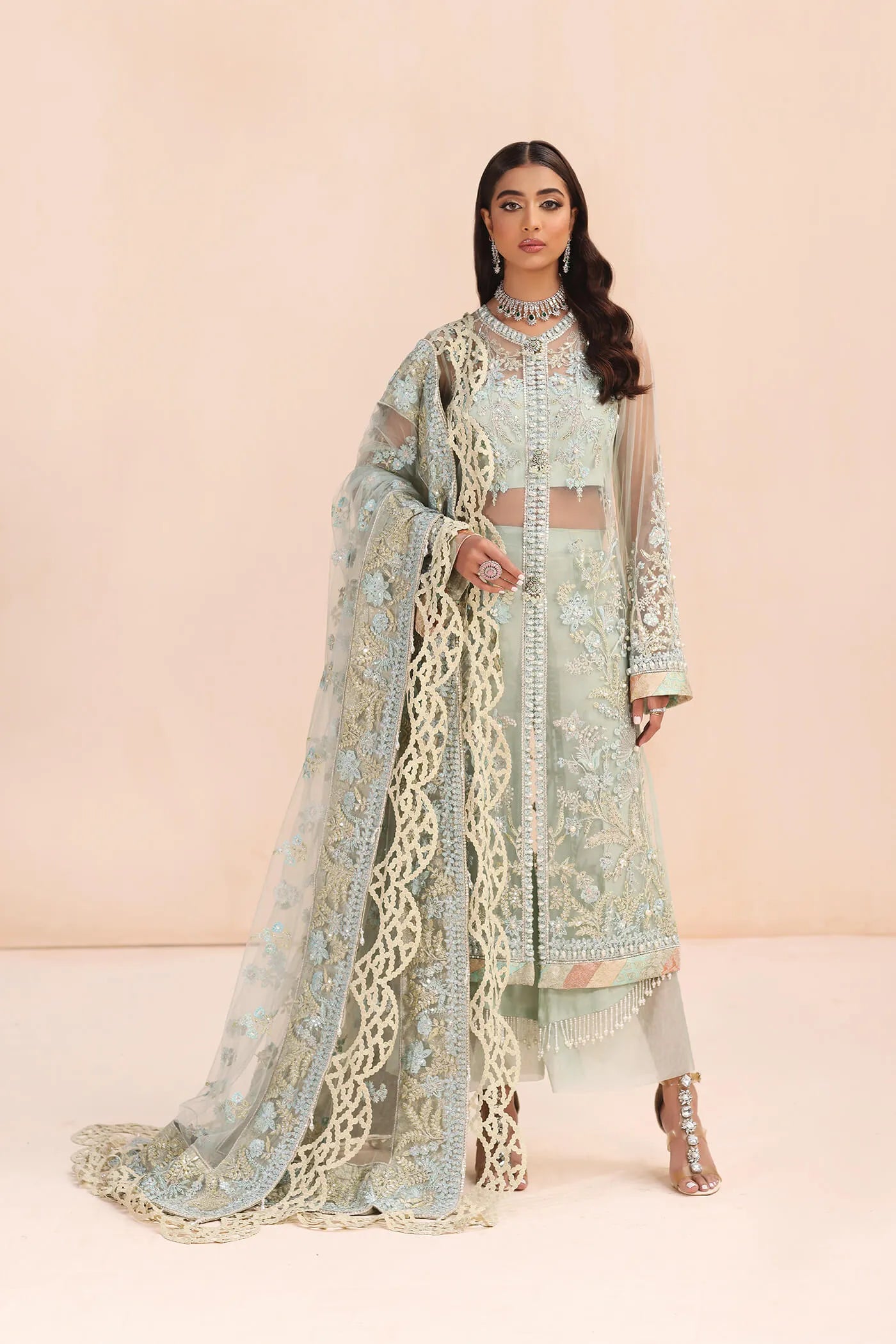 Model in Musferah Saad Aqua Treasure ice blue Pakistani wedding dress, UK.