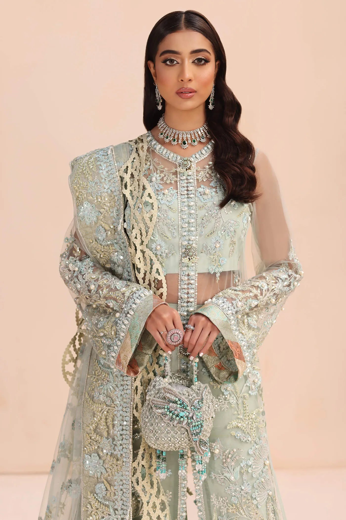 Model in Musferah Saad Aqua Treasure ice blue Pakistani wedding dress, UK.