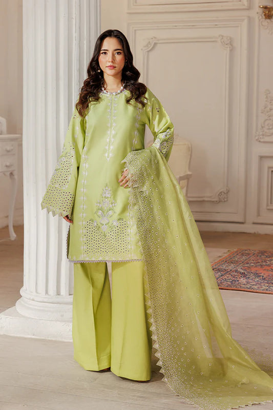 Model wearing Pear Drift by Saffron in pastel green with intricate embroidery – elegant Pakistani luxury pret outfit available online in UK.
