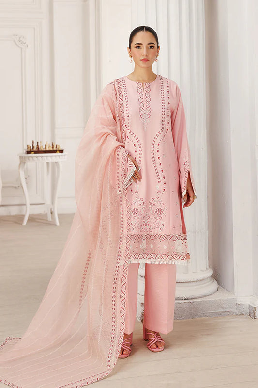 Model wearing Peach Blossom by Saffron in soft peach with delicate embroidery – stylish Pakistani luxury pret outfit available online in UK.