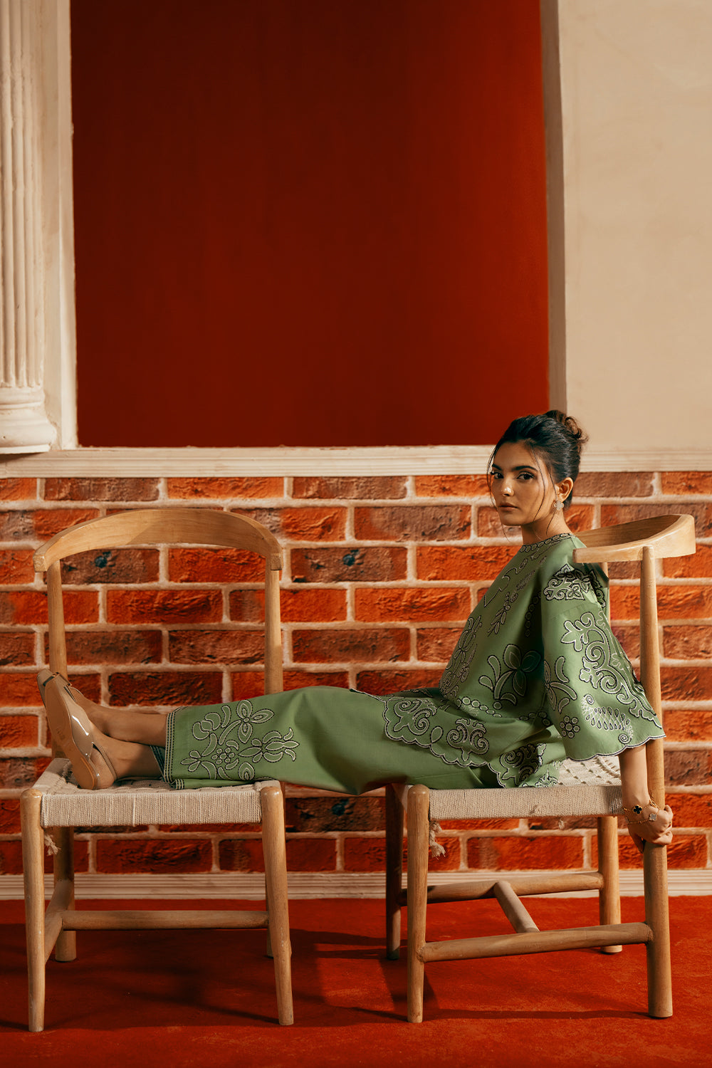 Model wearing apple green embroidered outfit from Saira Rizwan Joolie | JOOLIE GREEN - JBP25-10, Pakistani luxury pret online in UK.