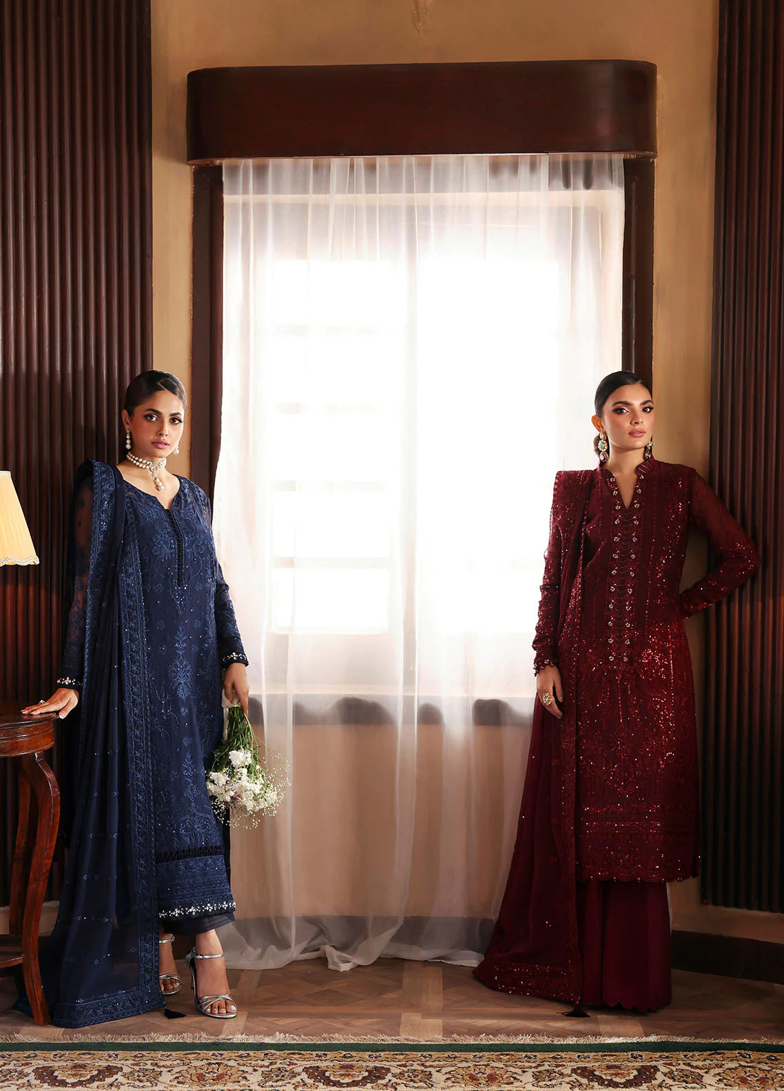 Model wearing Vezeen by Gulaal in deep maroon embellished chiffon – Pakistani luxury pret outfit available online in UK.