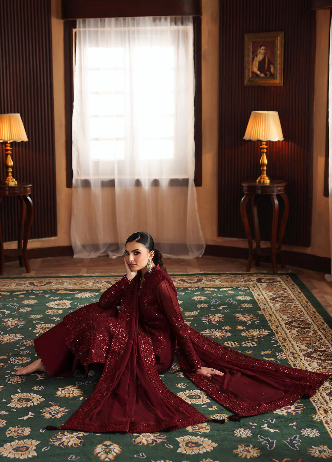 Model wearing Vezeen by Gulaal in deep maroon embellished chiffon – Pakistani luxury pret outfit available online in UK.