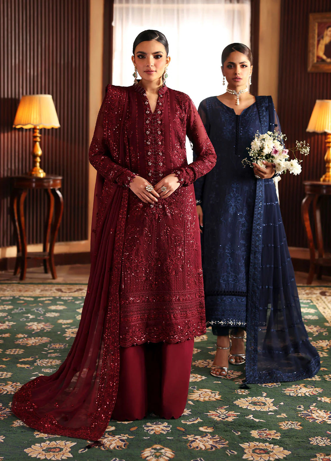 Model wearing Vezeen by Gulaal in deep maroon embellished chiffon – Pakistani luxury pret outfit available online in UK.