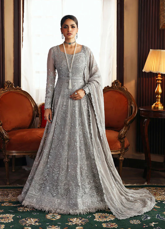 Model wearing Sheyza by Gulaal in silver-grey embellished chiffon – Pakistani luxury pret outfit available online in UK.