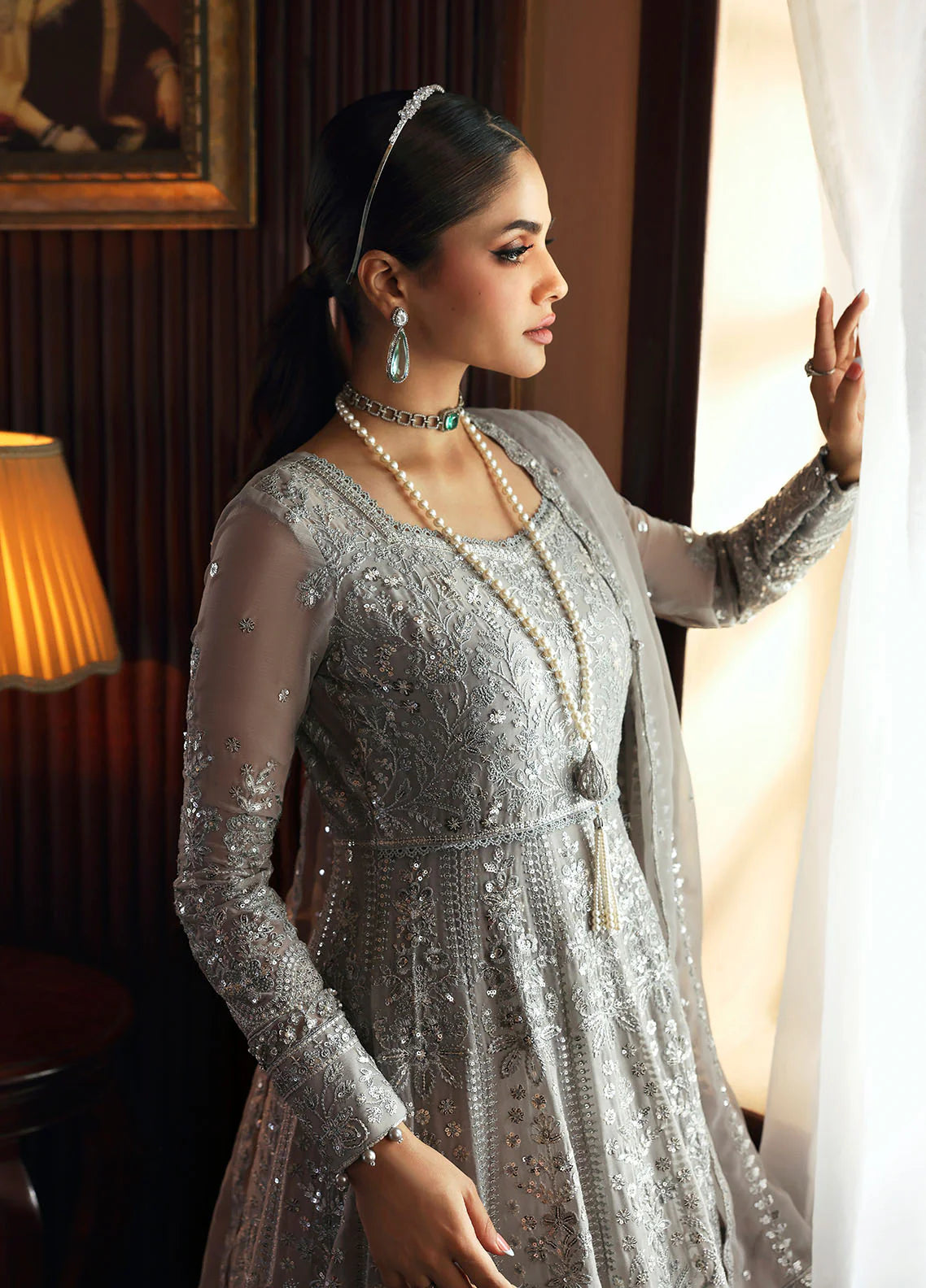 Model wearing Sheyza by Gulaal in silver-grey embellished chiffon – Pakistani luxury pret outfit available online in UK.