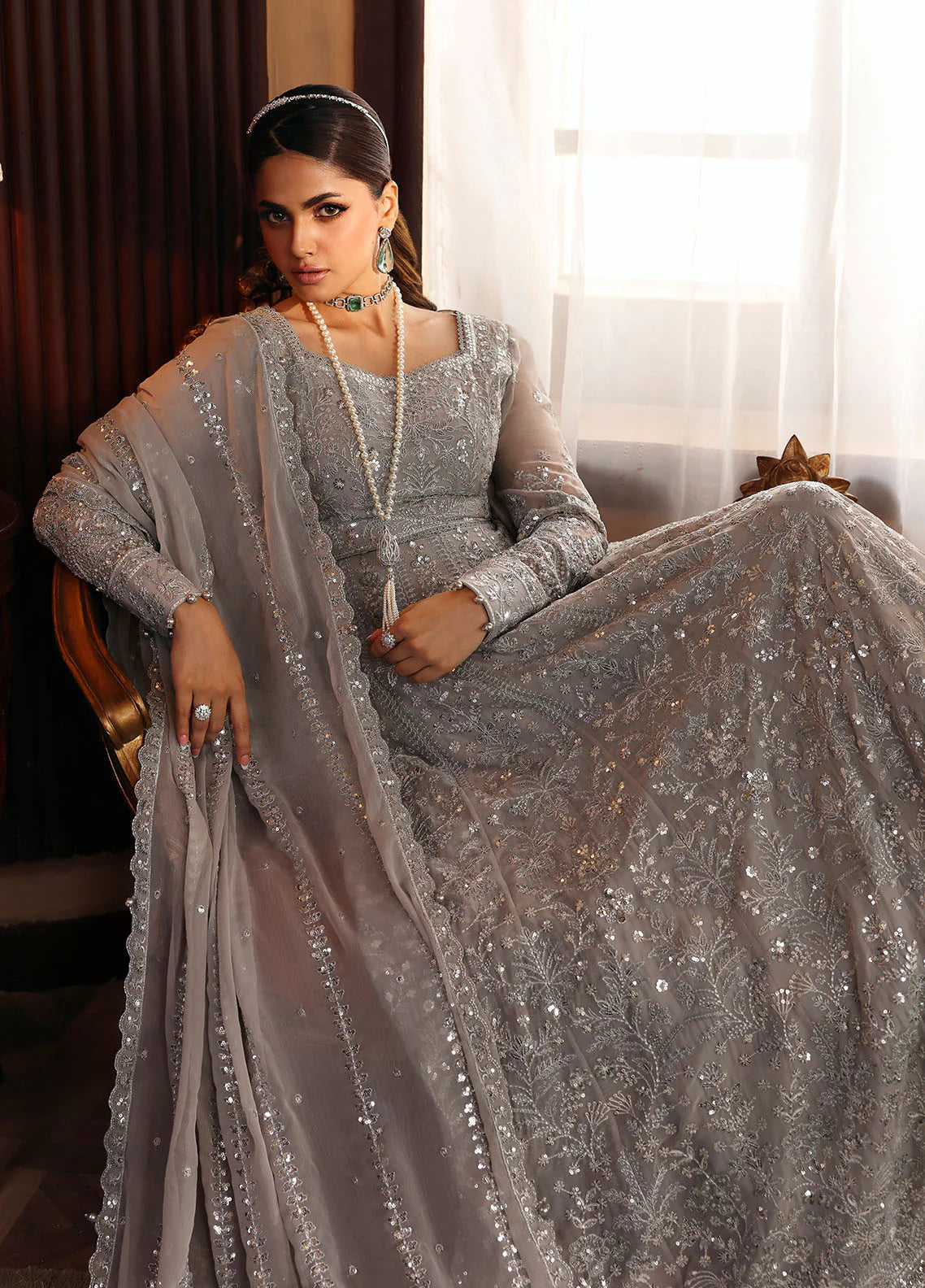Model wearing Sheyza by Gulaal in silver-grey embellished chiffon – Pakistani luxury pret outfit available online in UK.