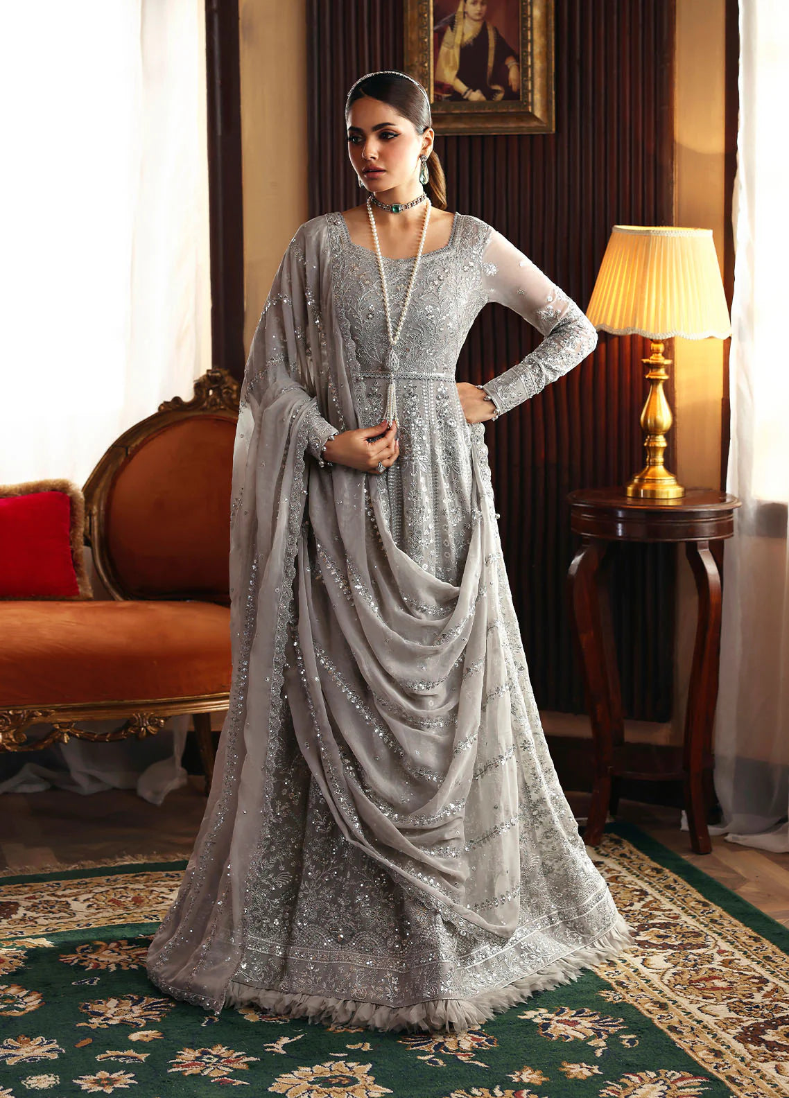 Model wearing Sheyza by Gulaal in silver-grey embellished chiffon – Pakistani luxury pret outfit available online in UK.