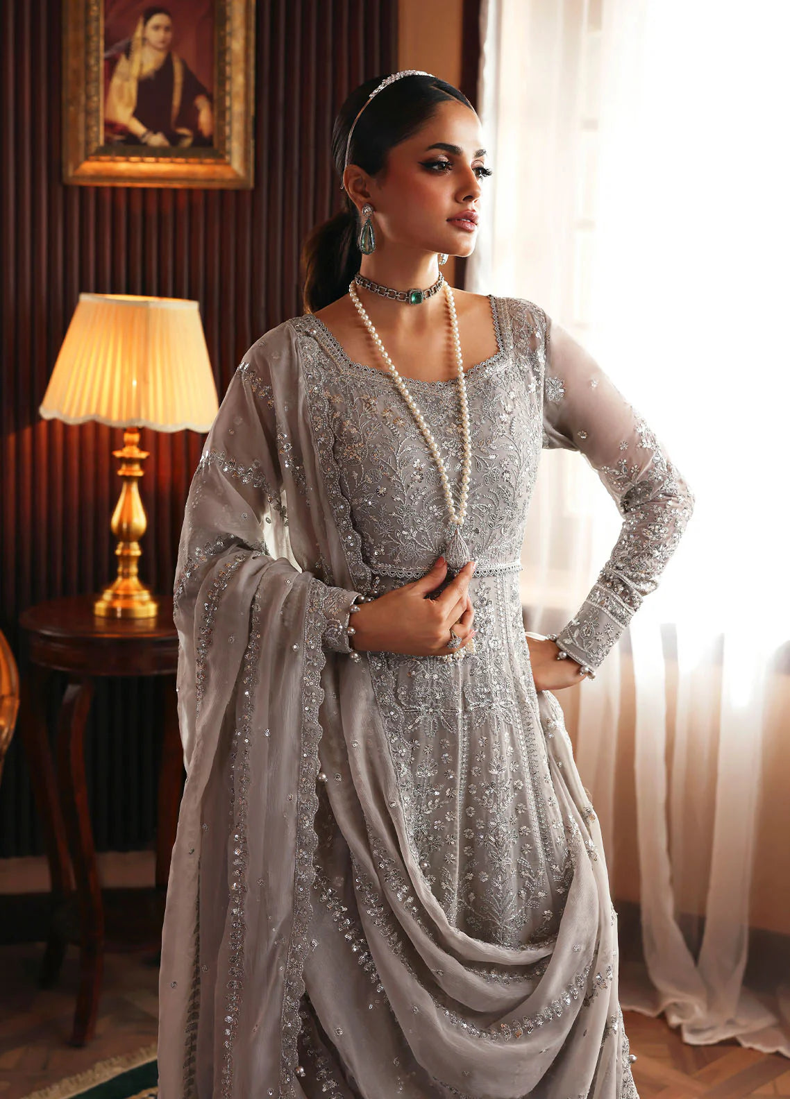 Model wearing Sheyza by Gulaal in silver-grey embellished chiffon – Pakistani luxury pret outfit available online in UK.