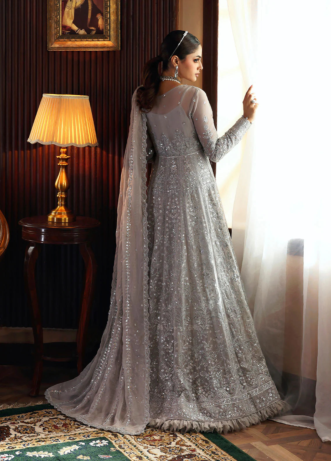 Model wearing Sheyza by Gulaal in silver-grey embellished chiffon – Pakistani luxury pret outfit available online in UK.