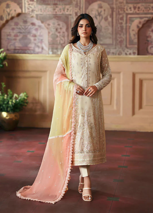 Model wearing Fareyah by Gulaal in soft beige with pastel peach dupatta – Pakistani luxury pret chiffon outfit online in UK.