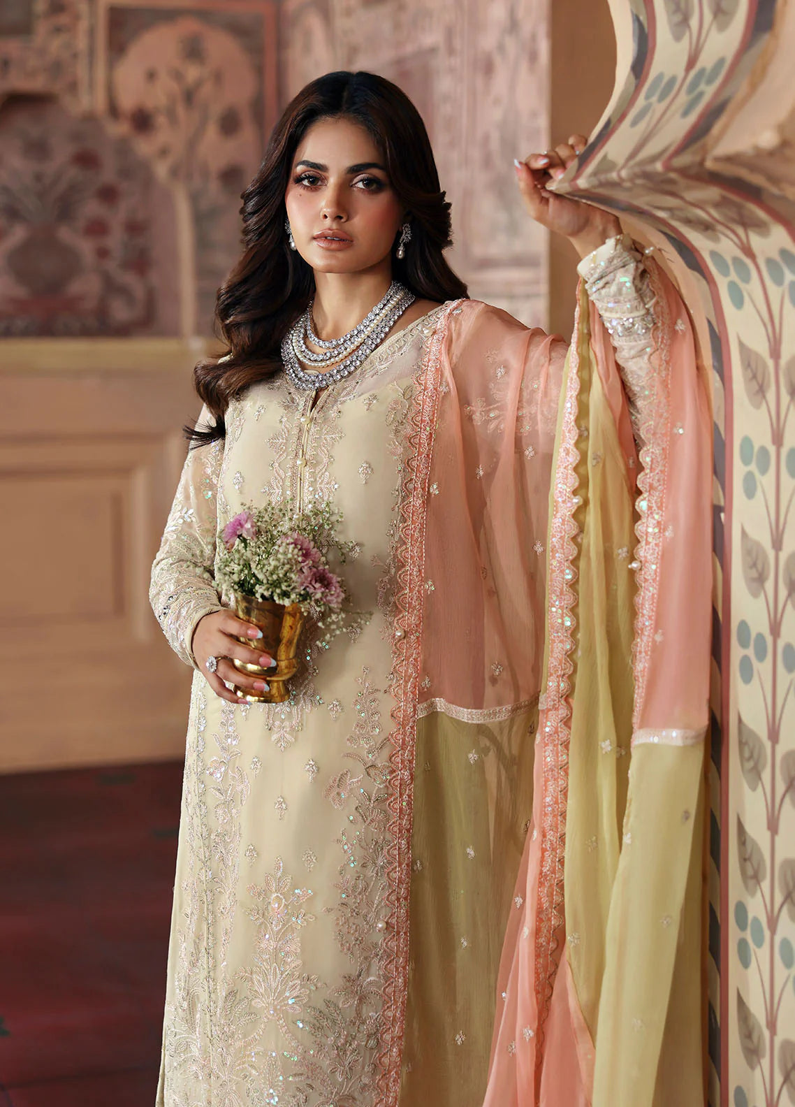 Model wearing Fareyah by Gulaal in soft beige with pastel peach dupatta – Pakistani luxury pret chiffon outfit online in UK.