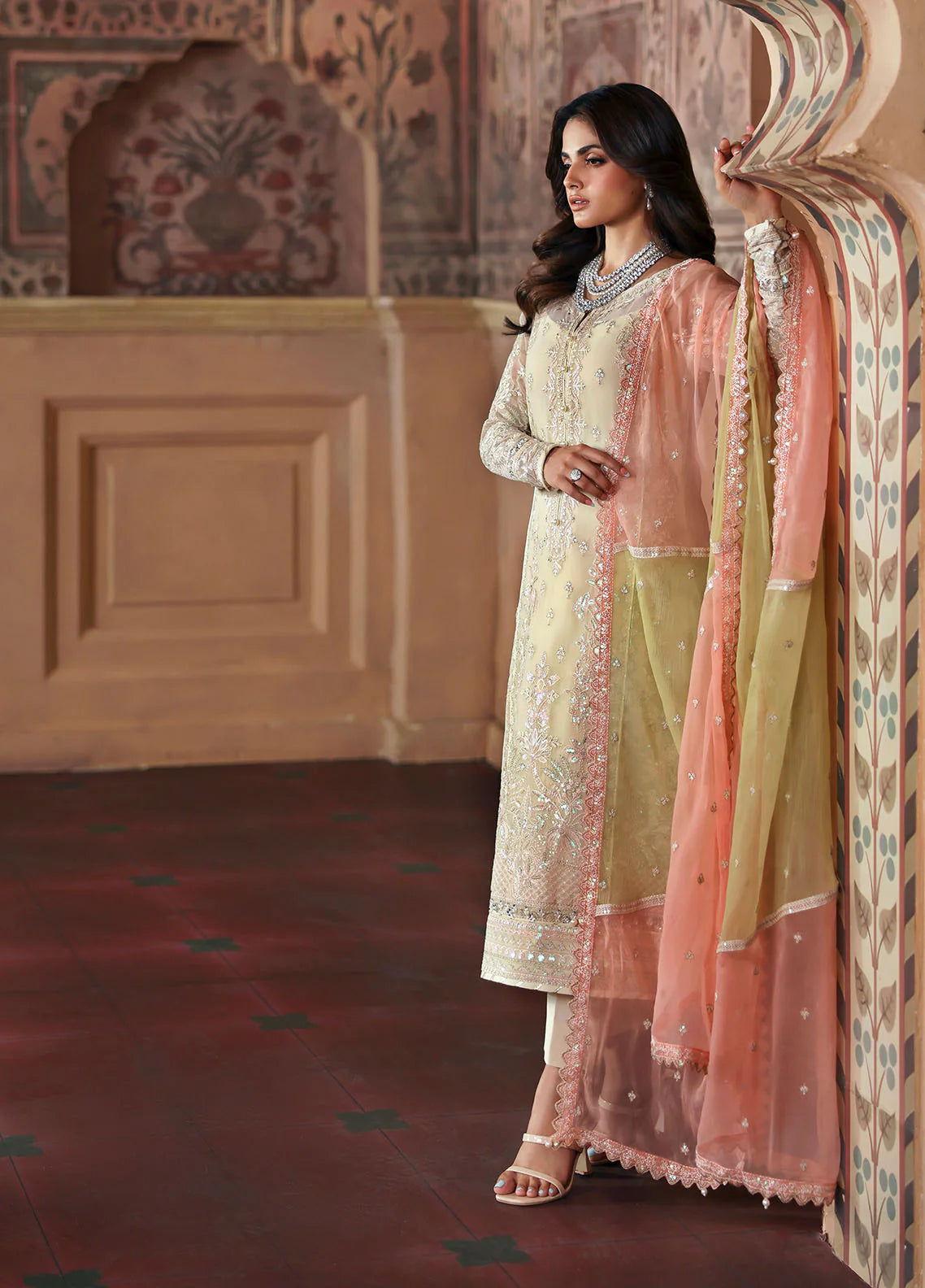Model wearing Fareyah by Gulaal in soft beige with pastel peach dupatta – Pakistani luxury pret chiffon outfit online in UK.