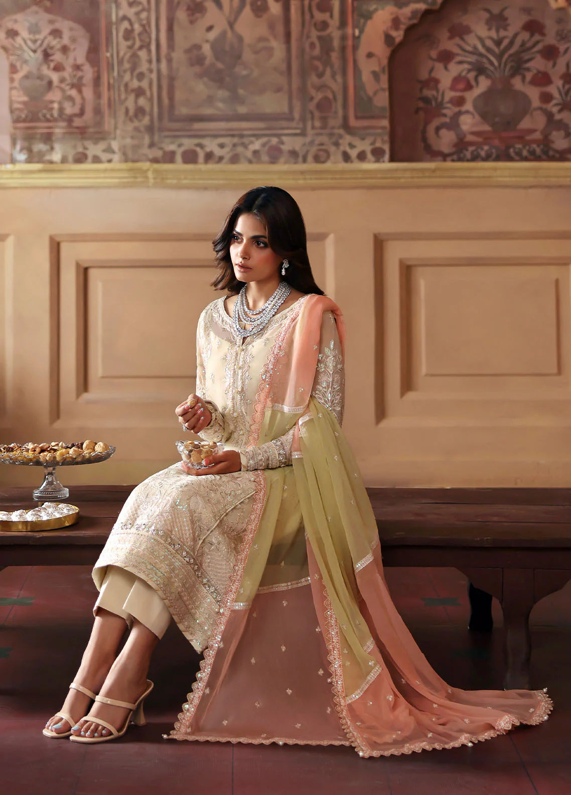 Model wearing Fareyah by Gulaal in soft beige with pastel peach dupatta – Pakistani luxury pret chiffon outfit online in UK.