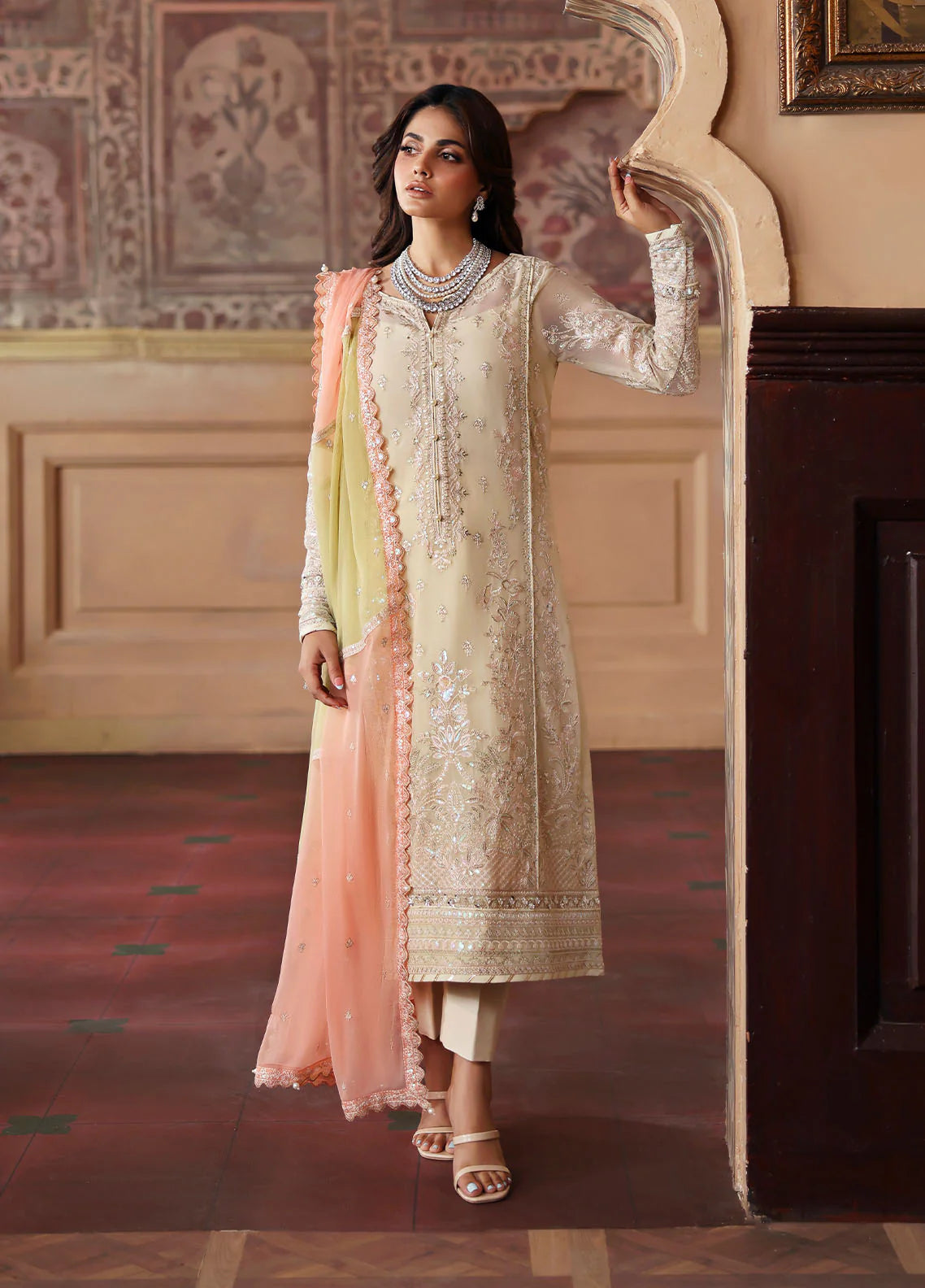 Model wearing Fareyah by Gulaal in soft beige with pastel peach dupatta – Pakistani luxury pret chiffon outfit online in UK.