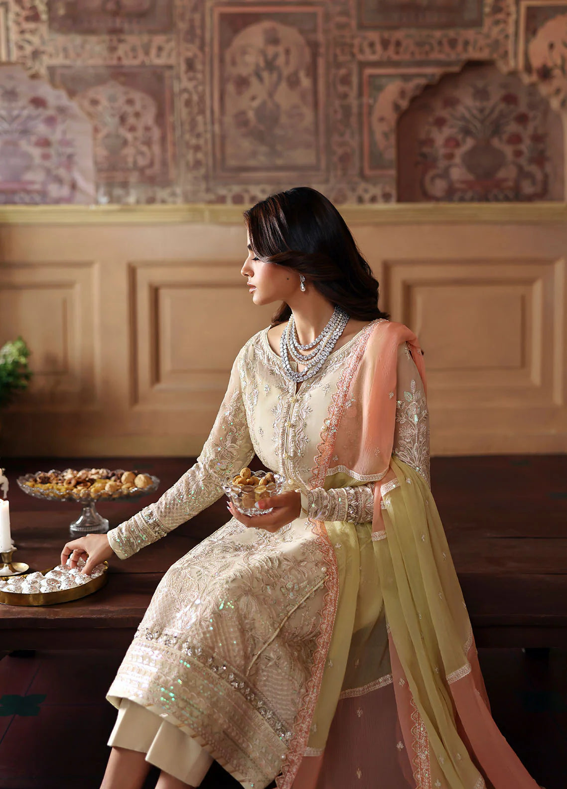Model wearing Fareyah by Gulaal in soft beige with pastel peach dupatta – Pakistani luxury pret chiffon outfit online in UK.