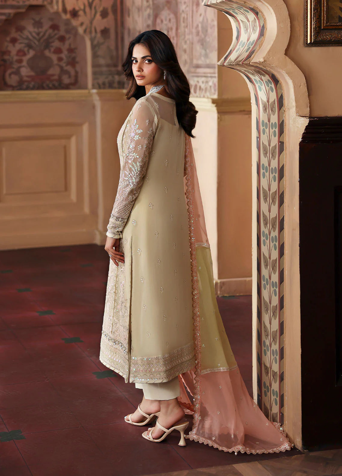 Model wearing Fareyah by Gulaal in soft beige with pastel peach dupatta – Pakistani luxury pret chiffon outfit online in UK.
