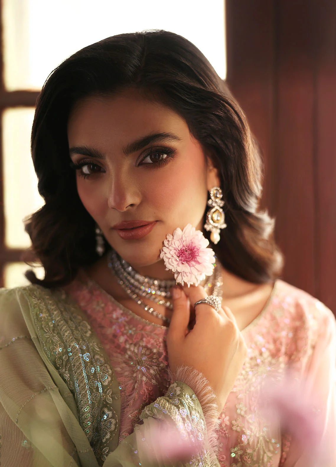 Model wearing Layana by Gulaal in pastel pink embellished chiffon – Pakistani luxury pret outfit available online in UK.