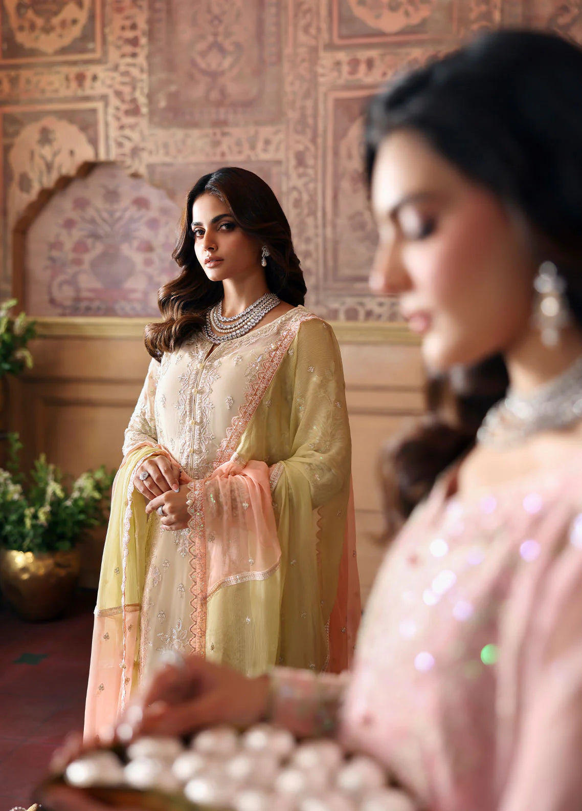 Model wearing Layana by Gulaal in pastel pink embellished chiffon – Pakistani luxury pret outfit available online in UK.