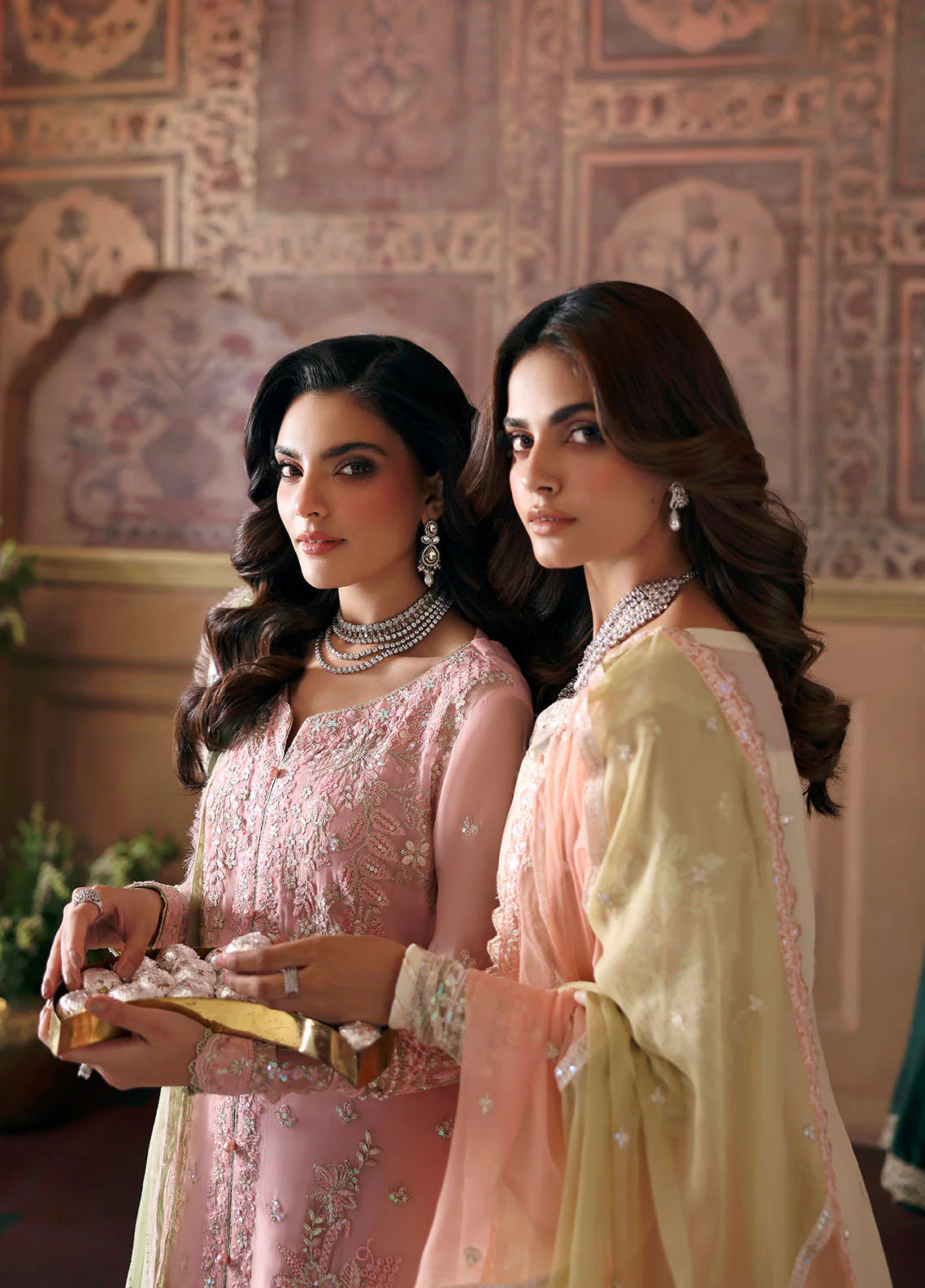 Model wearing Layana by Gulaal in pastel pink embellished chiffon – Pakistani luxury pret outfit available online in UK.