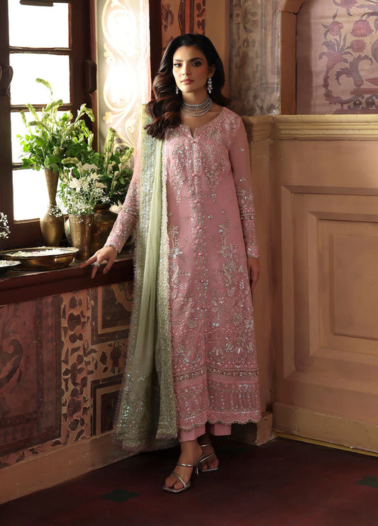 Model wearing Layana by Gulaal in pastel pink embellished chiffon – Pakistani luxury pret outfit available online in UK.
