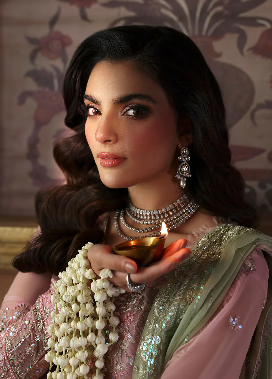 Model wearing Layana by Gulaal in pastel pink embellished chiffon – Pakistani luxury pret outfit available online in UK.