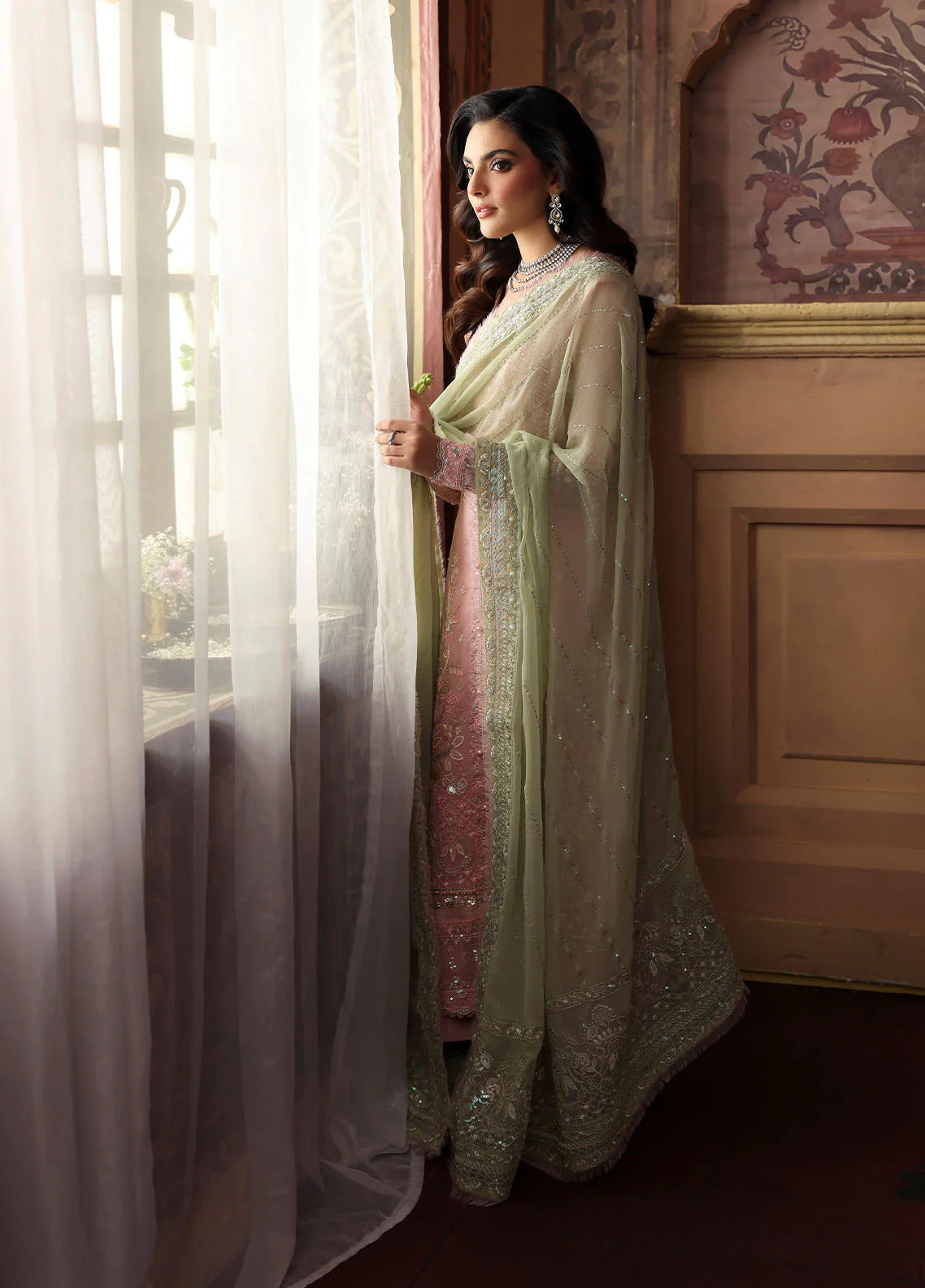 Model wearing Layana by Gulaal in pastel pink embellished chiffon – Pakistani luxury pret outfit available online in UK.